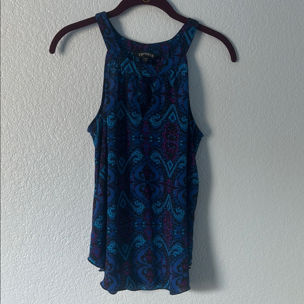 Express Womens Blue Purple Paisley Medallion Halter Keyhole Blouse Top Size XS